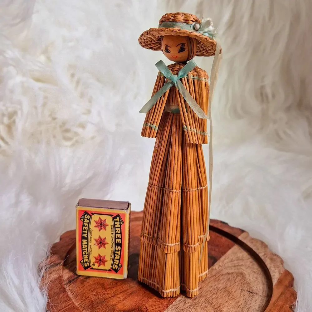 Straw Doll Figurine Woman in Dress Hat Shawl Hand Painted Folk Art Decor